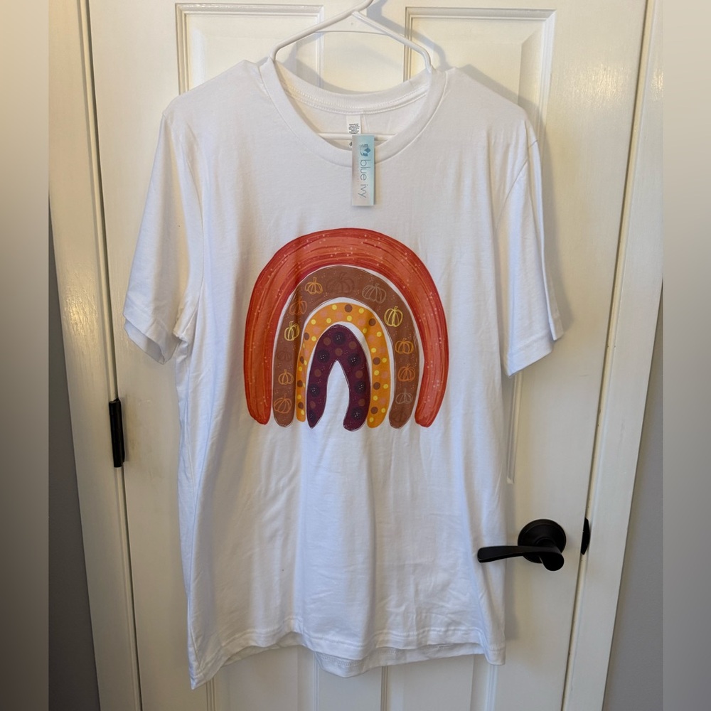 White T-Shirt with Colorful Rainbow Design
